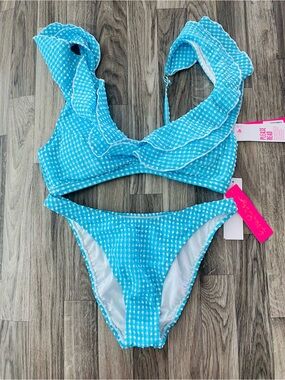 Lilly Pulitzer pico high cut turquoise oasis crinkle gingham bikini set women’s